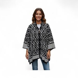 Anne Klein Black White Graphic Sweater Poncho 1/4 Zip 3X Classy Cozy Fall Winter